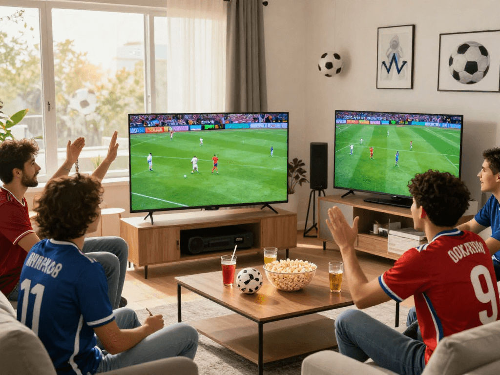 Excited friends watching soccer live on http://rakhoitv.network/ in a cozy living room.